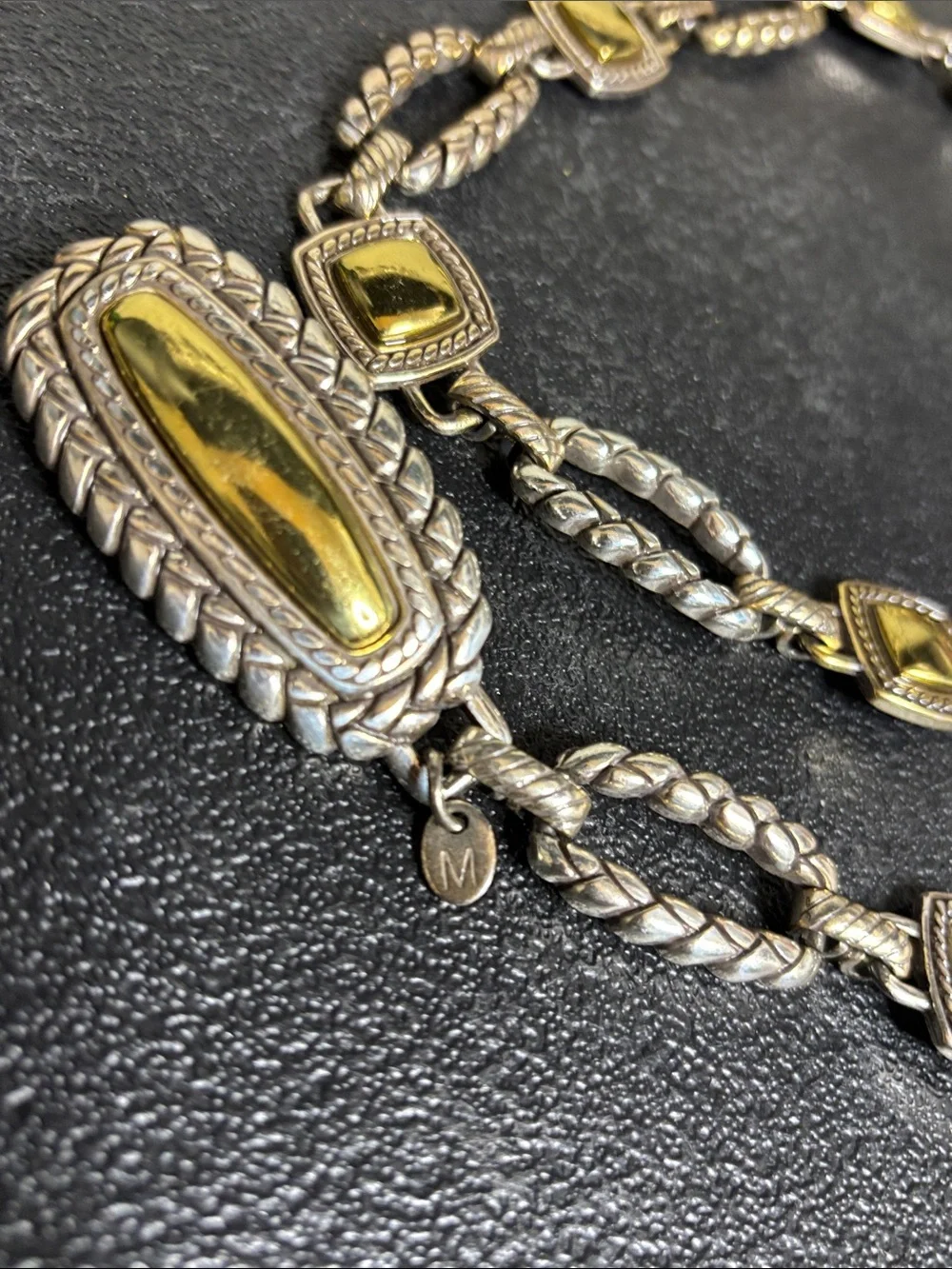 Western Two-Tone Silver and Gold Rope Link Belt with Square Gold Accents Medium